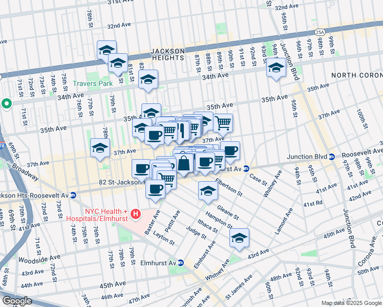 map of restaurants, bars, coffee shops, grocery stores, and more near 37-35 85th Street in Queens