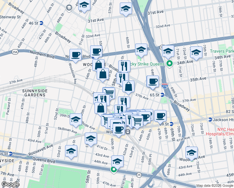 map of restaurants, bars, coffee shops, grocery stores, and more near 37-27 59th Street in Queens