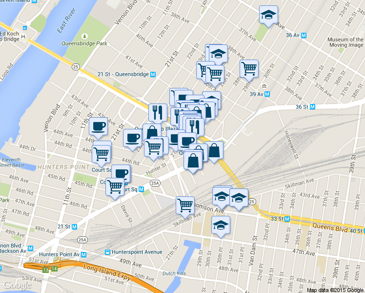 map of restaurants, bars, coffee shops, grocery stores, and more near 28-03 Jackson Avenue in Queens