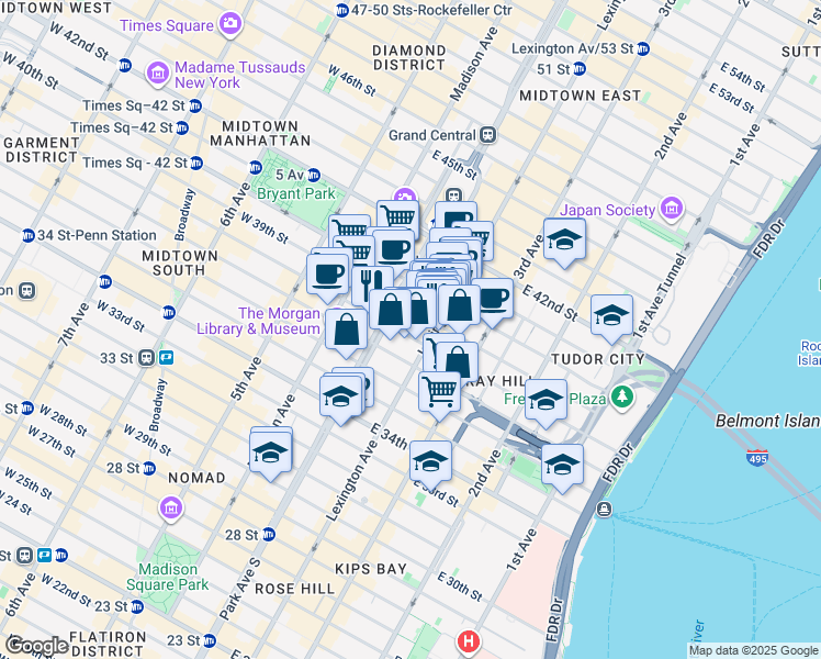 map of restaurants, bars, coffee shops, grocery stores, and more near 105 East 37th Street in New York