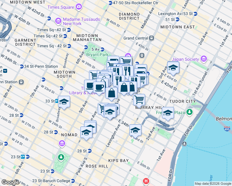 map of restaurants, bars, coffee shops, grocery stores, and more near in New York