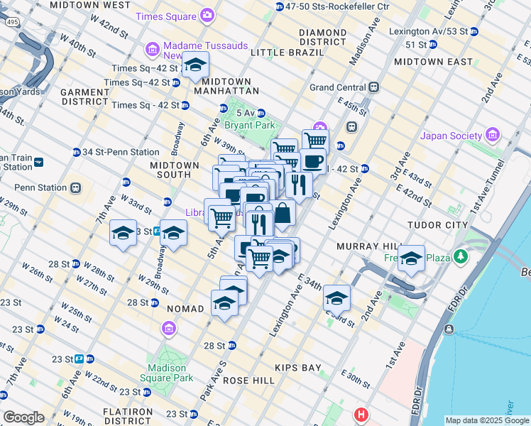 map of restaurants, bars, coffee shops, grocery stores, and more near 219 Madison Avenue in New York