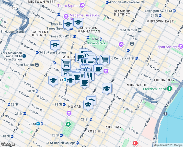 map of restaurants, bars, coffee shops, grocery stores, and more near 350 5th Avenue in New York
