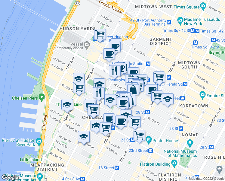map of restaurants, bars, coffee shops, grocery stores, and more near 340 West 28th Street in New York