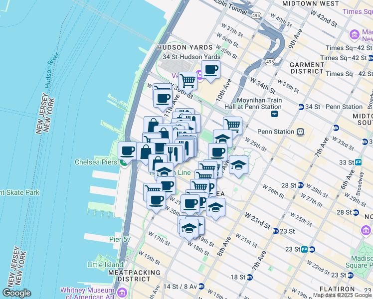 map of restaurants, bars, coffee shops, grocery stores, and more near 249 10th Avenue in New York