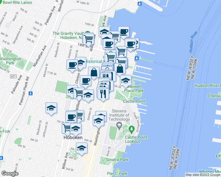 map of restaurants, bars, coffee shops, grocery stores, and more near 1014 Hudson Street in Hoboken