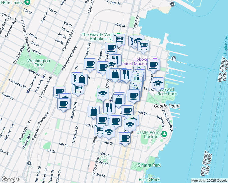 map of restaurants, bars, coffee shops, grocery stores, and more near 933 Willow Avenue in Hoboken