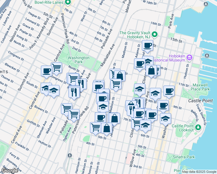 map of restaurants, bars, coffee shops, grocery stores, and more near 552 9th Street in Hoboken