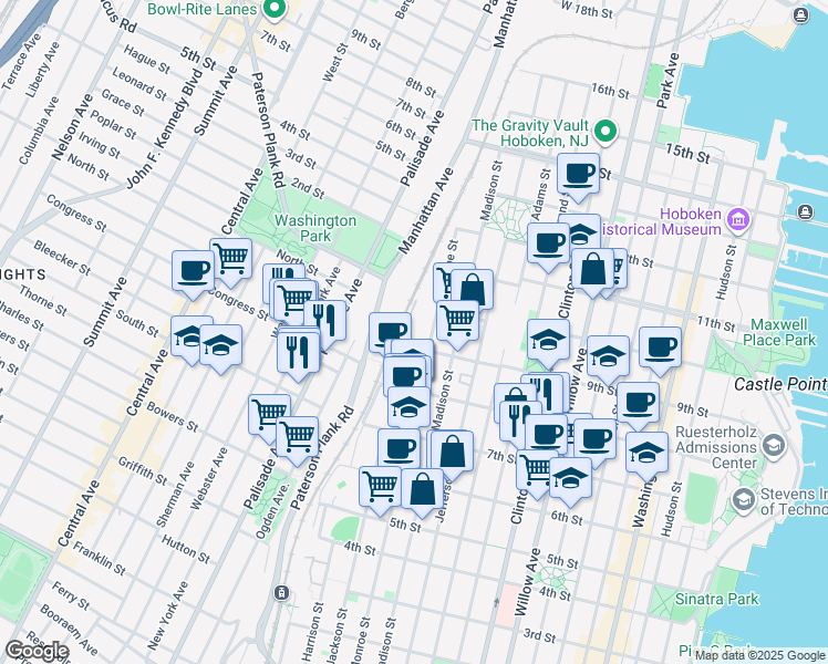 map of restaurants, bars, coffee shops, grocery stores, and more near 552 9th Street in Hoboken