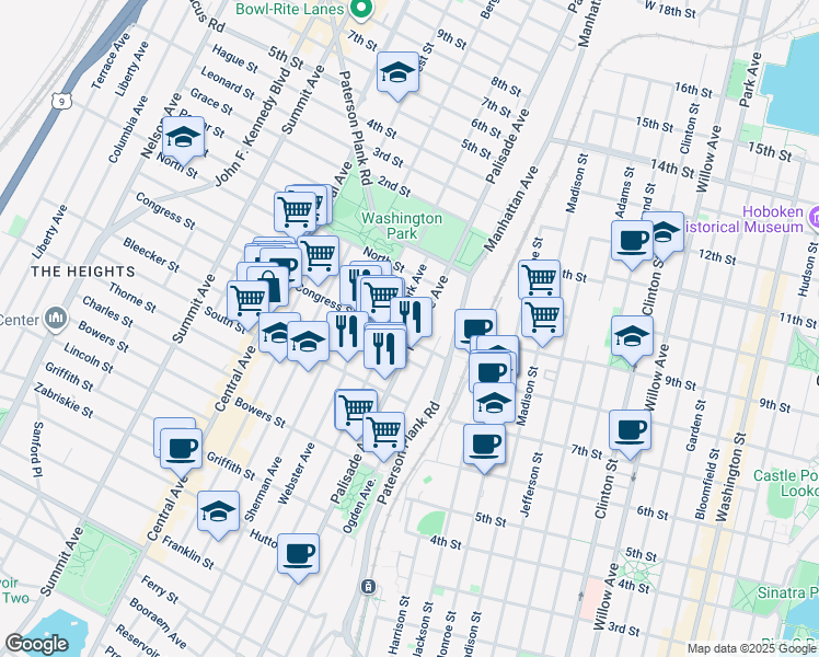map of restaurants, bars, coffee shops, grocery stores, and more near 45 Congress Street in Jersey City