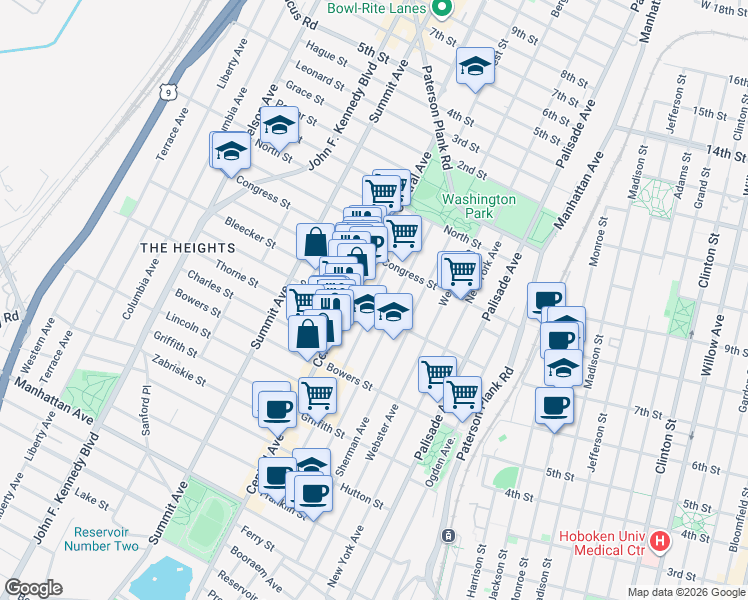 map of restaurants, bars, coffee shops, grocery stores, and more near 96 South Street in Jersey City