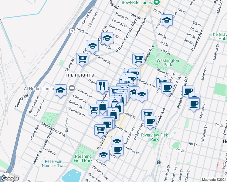 map of restaurants, bars, coffee shops, grocery stores, and more near 29 Thorne Street in Jersey City