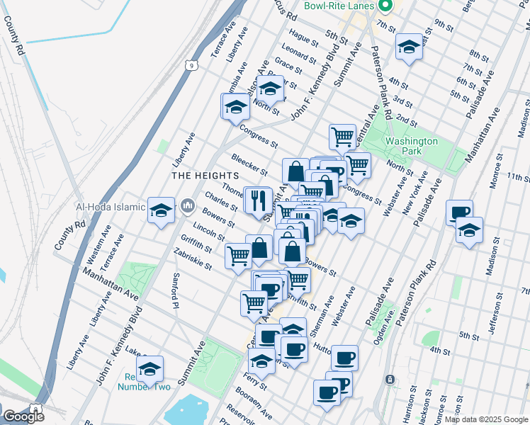 map of restaurants, bars, coffee shops, grocery stores, and more near 1009 Summit Avenue in Jersey City