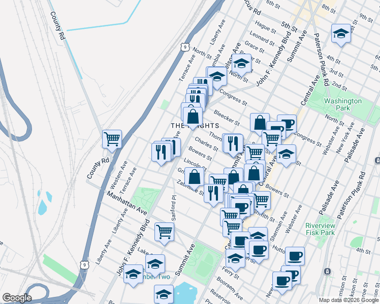 map of restaurants, bars, coffee shops, grocery stores, and more near 3418 John F. Kennedy Boulevard in Jersey City