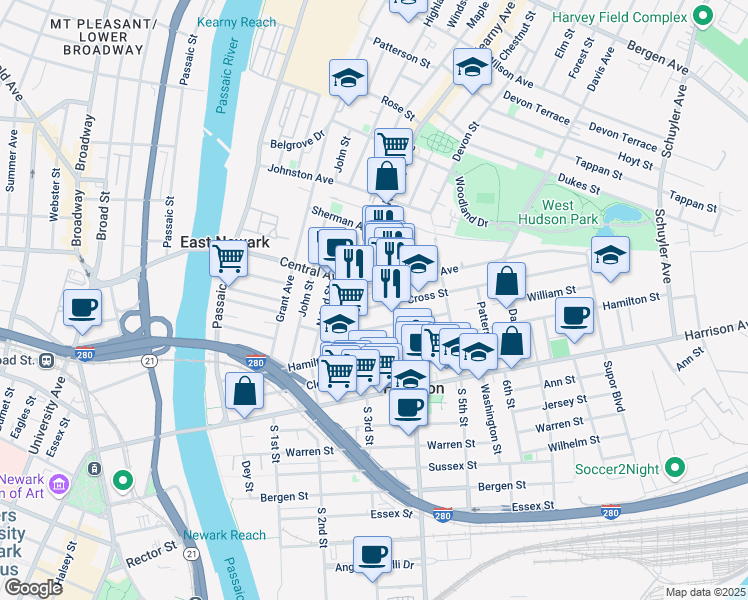 map of restaurants, bars, coffee shops, grocery stores, and more near 109 Cross Street in Harrison
