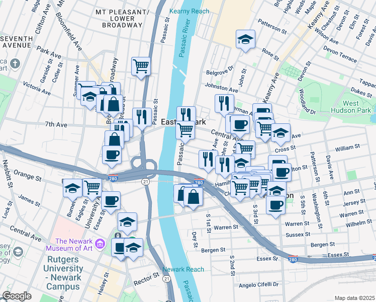map of restaurants, bars, coffee shops, grocery stores, and more near 250 Passaic Avenue in East Newark