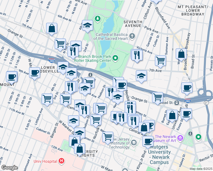 map of restaurants, bars, coffee shops, grocery stores, and more near 2-18 Hudson Street in Newark