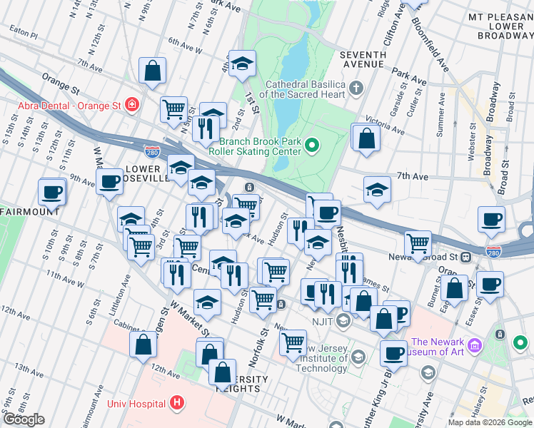 map of restaurants, bars, coffee shops, grocery stores, and more near 34 Hecker Street in Newark