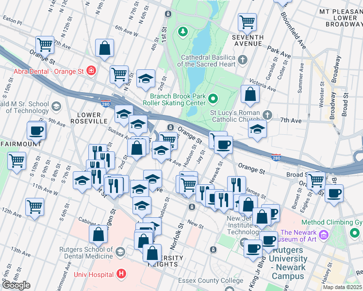 map of restaurants, bars, coffee shops, grocery stores, and more near 34 Hecker Street in Newark