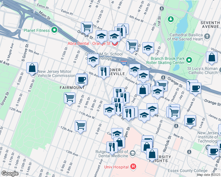 map of restaurants, bars, coffee shops, grocery stores, and more near 449 West Market Street in Newark