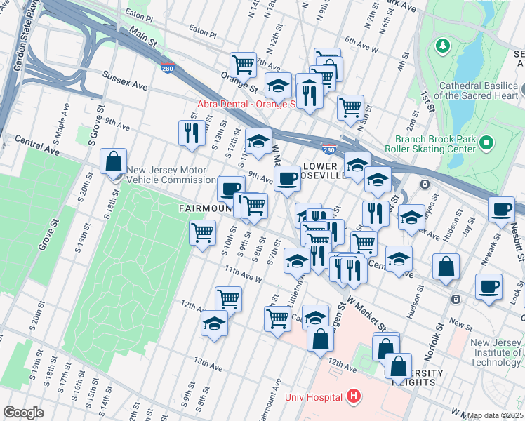 map of restaurants, bars, coffee shops, grocery stores, and more near 43 South 8th Street in Newark