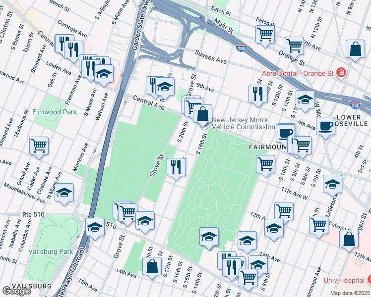map of restaurants, bars, coffee shops, grocery stores, and more near 264 11th Avenue in Newark