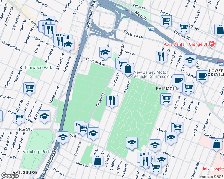 map of restaurants, bars, coffee shops, grocery stores, and more near 240 South 20th Street in Newark