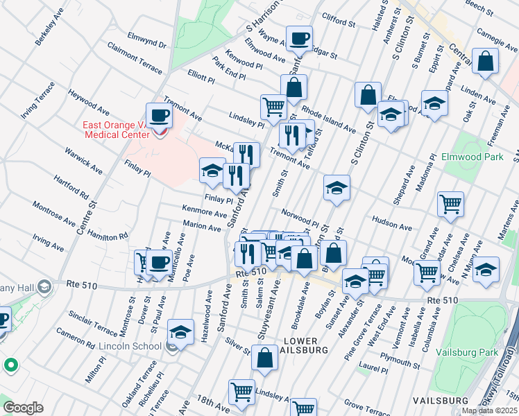 map of restaurants, bars, coffee shops, grocery stores, and more near 74 Bedford Street in Newark