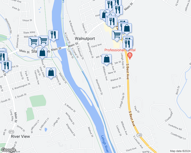 map of restaurants, bars, coffee shops, grocery stores, and more near 606 Washington Street in Walnutport
