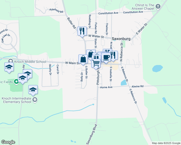 map of restaurants, bars, coffee shops, grocery stores, and more near 600 Commons of Saxonburg Court in Saxonburg