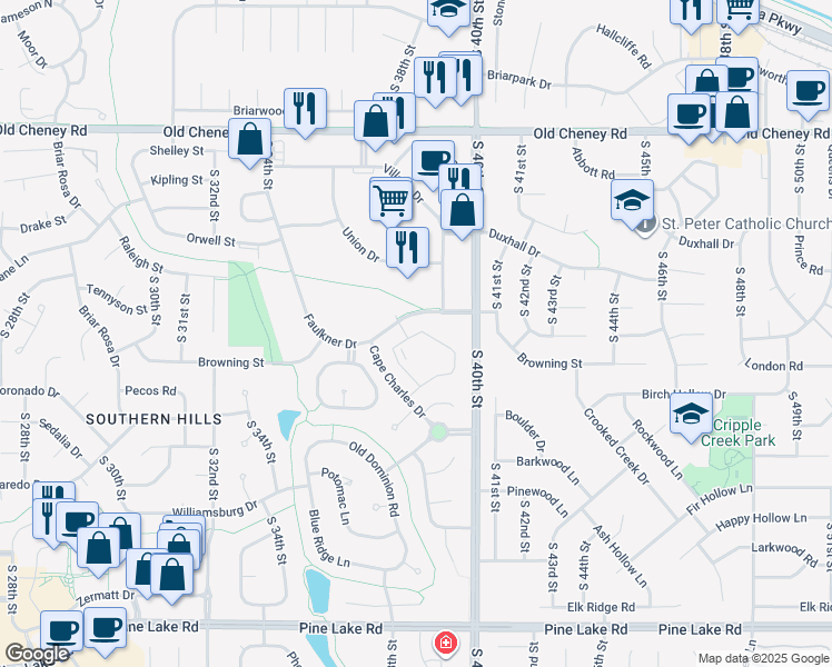 map of restaurants, bars, coffee shops, grocery stores, and more near 3731 Faulkner Drive in Lincoln