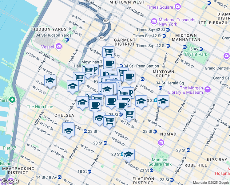 map of restaurants, bars, coffee shops, grocery stores, and more near in New York