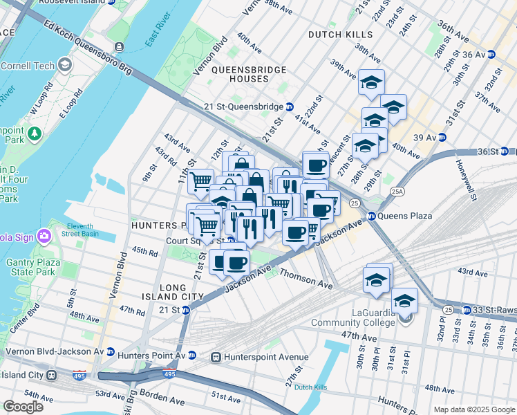 map of restaurants, bars, coffee shops, grocery stores, and more near 53 23rd Street in Queens