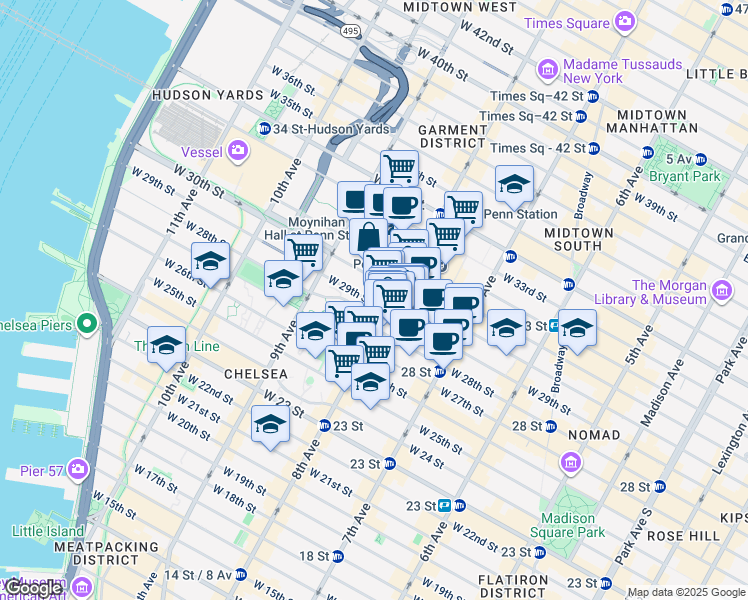map of restaurants, bars, coffee shops, grocery stores, and more near 368 8th Avenue in New York