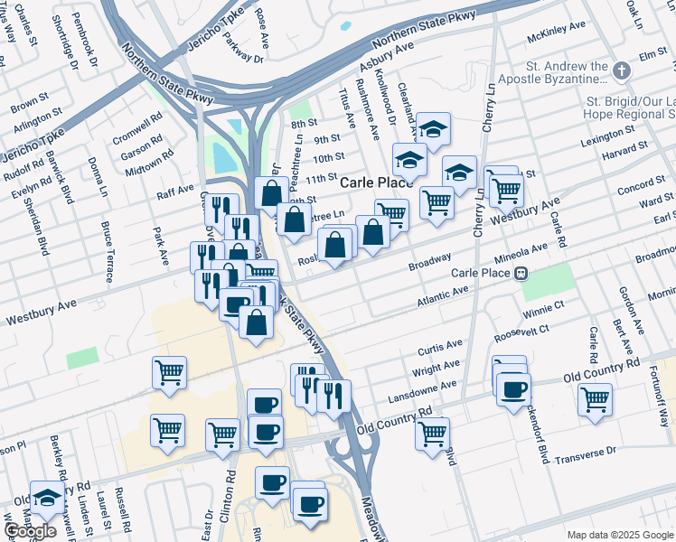 map of restaurants, bars, coffee shops, grocery stores, and more near Westbury Avenue in Carle Place