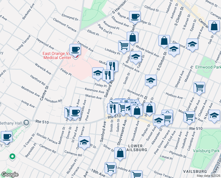 map of restaurants, bars, coffee shops, grocery stores, and more near 360 Sanford Avenue in Newark