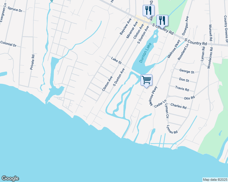 map of restaurants, bars, coffee shops, grocery stores, and more near 211 South Dunton Avenue in East Patchogue