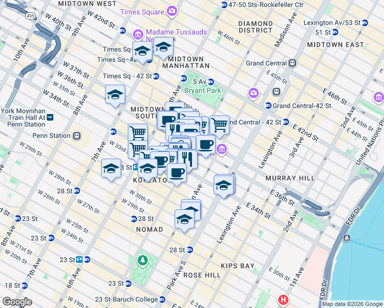 map of restaurants, bars, coffee shops, grocery stores, and more near 7 West 34th Street in New York