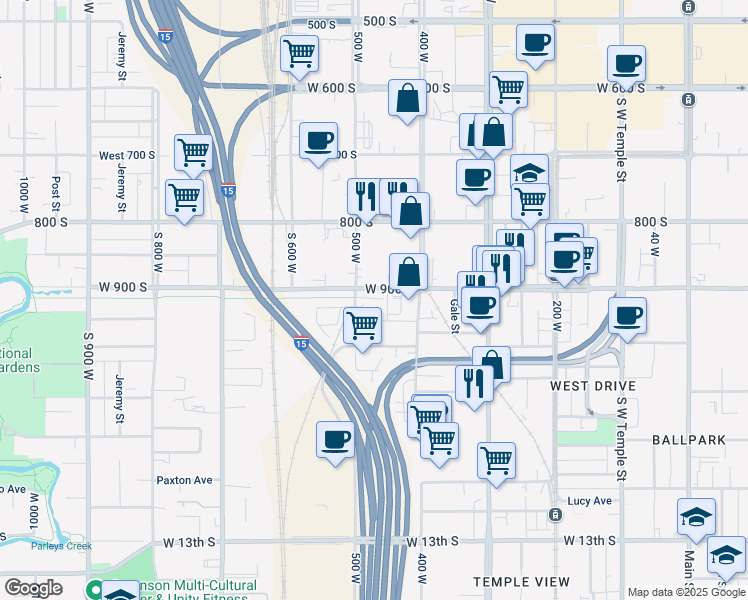 map of restaurants, bars, coffee shops, grocery stores, and more near 936 Rio Grande Street in Salt Lake City