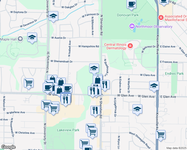 map of restaurants, bars, coffee shops, grocery stores, and more near 5105 North Sheridan Road in Peoria