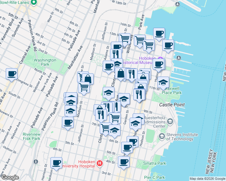 map of restaurants, bars, coffee shops, grocery stores, and more near 10th Street in Hoboken
