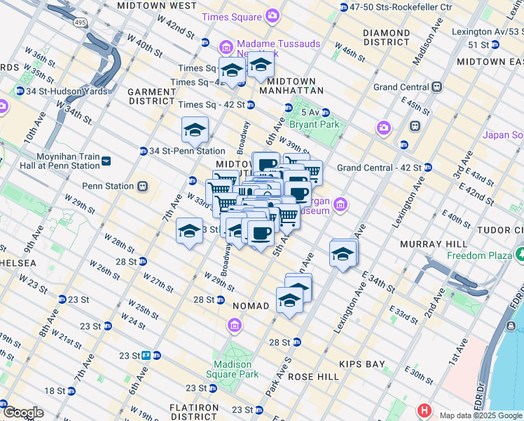 map of restaurants, bars, coffee shops, grocery stores, and more near 25 West 34th Street in New York