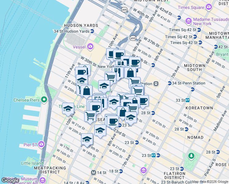 map of restaurants, bars, coffee shops, grocery stores, and more near 300 9th Avenue in New York