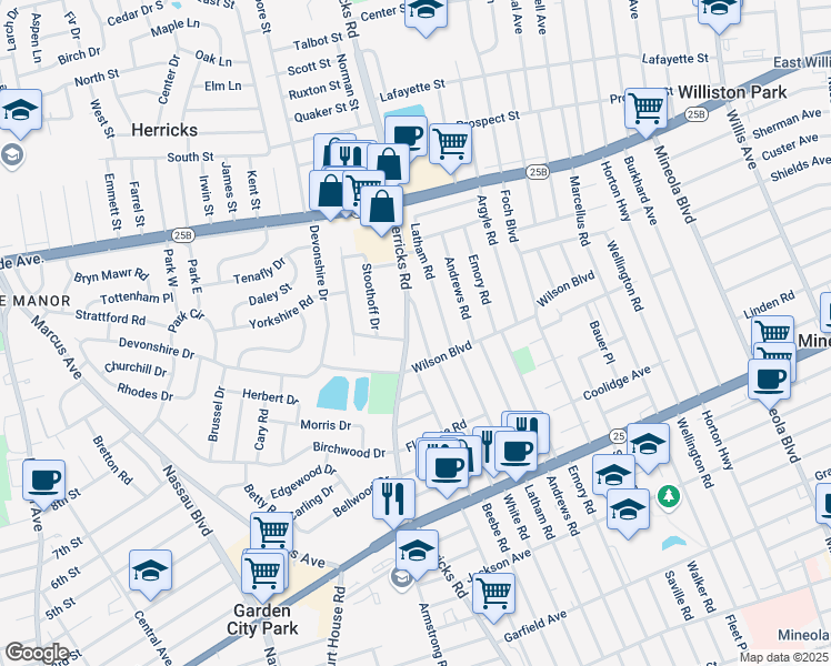 map of restaurants, bars, coffee shops, grocery stores, and more near 410 Herricks Road in Mineola
