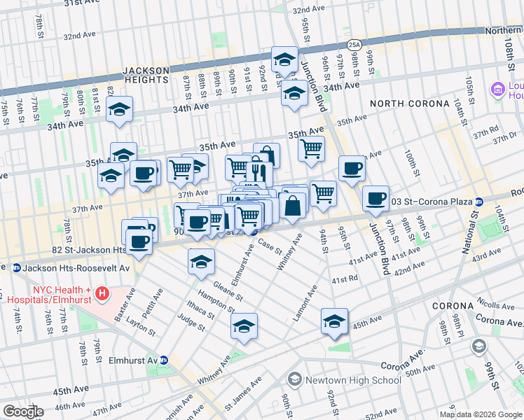 map of restaurants, bars, coffee shops, grocery stores, and more near in Queens