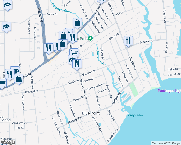 map of restaurants, bars, coffee shops, grocery stores, and more near in Blue Point