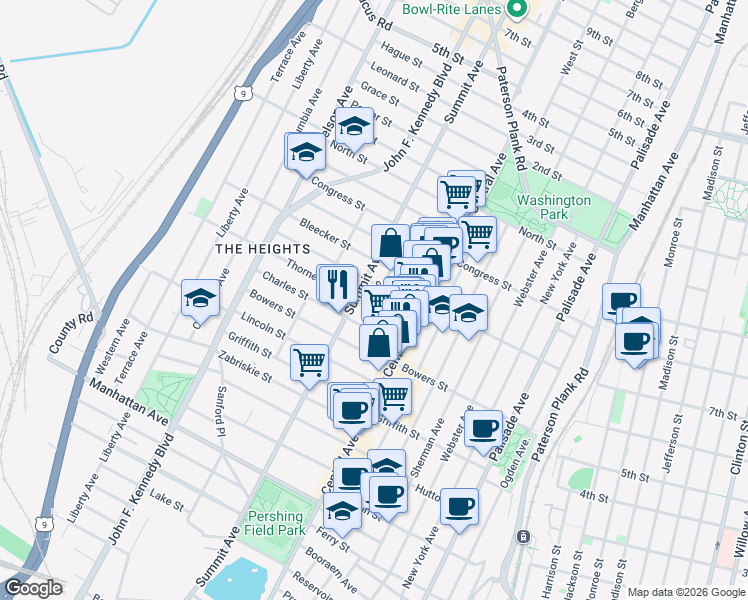 map of restaurants, bars, coffee shops, grocery stores, and more near 29 Thorne Street in Jersey City