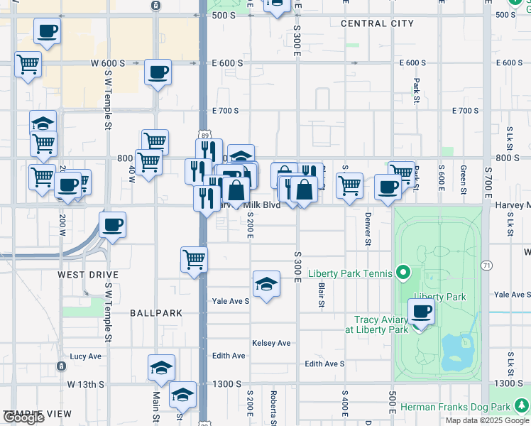 map of restaurants, bars, coffee shops, grocery stores, and more near 228 East 900 South in Salt Lake City