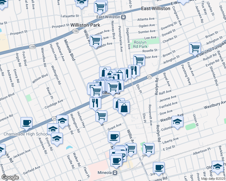 map of restaurants, bars, coffee shops, grocery stores, and more near in Mineola
