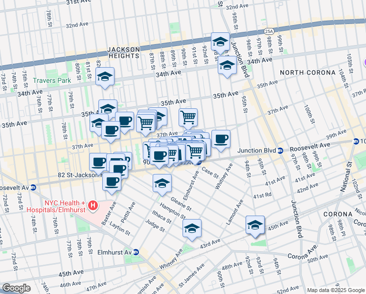 map of restaurants, bars, coffee shops, grocery stores, and more near 37-43 88th Street in Queens